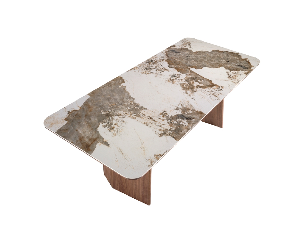 Rectangular porcelain marble and walnut dining table