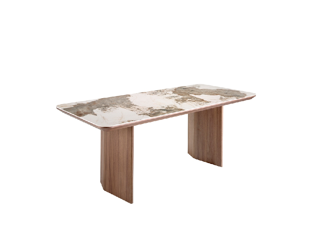 Rectangular porcelain marble and walnut dining table