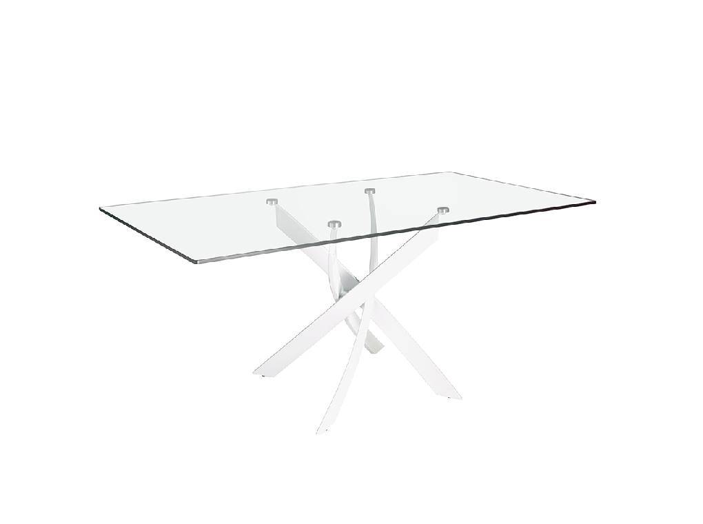 Mesa comedor rectangular de cristal templado y acero inoxidable blanco