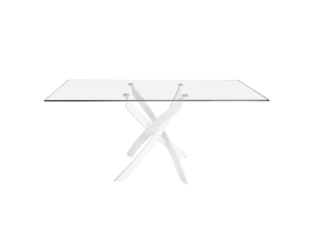 Mesa comedor rectangular de cristal templado y acero inoxidable blanco