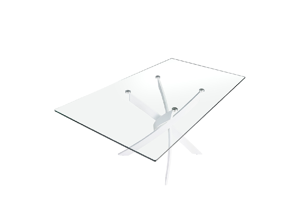 Mesa comedor rectangular de cristal templado y acero inoxidable blanco