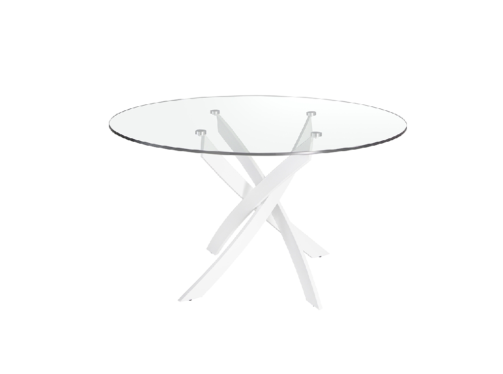 Round dining table in tempered glass and white stainless steel