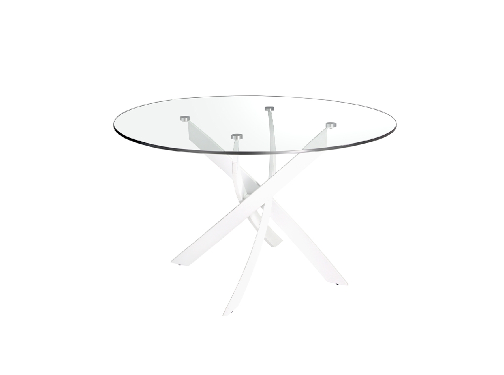 Round dining table in tempered glass and white stainless steel