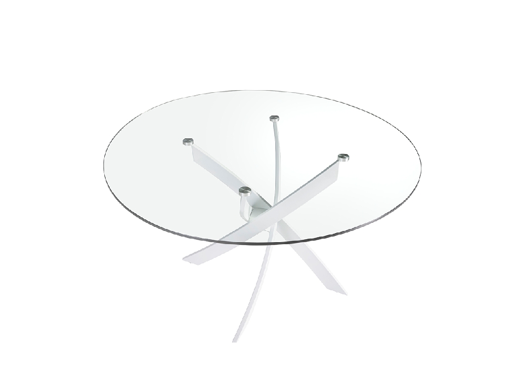 Round dining table in tempered glass and white stainless steel
