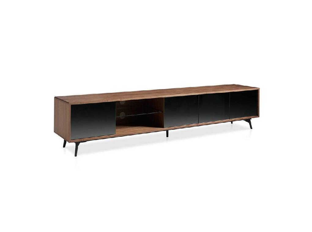 TV stand in walnut veneered wood with grey mirror glass front doors. TV stand in walnut veneered wood with grey mirror glass front doors.