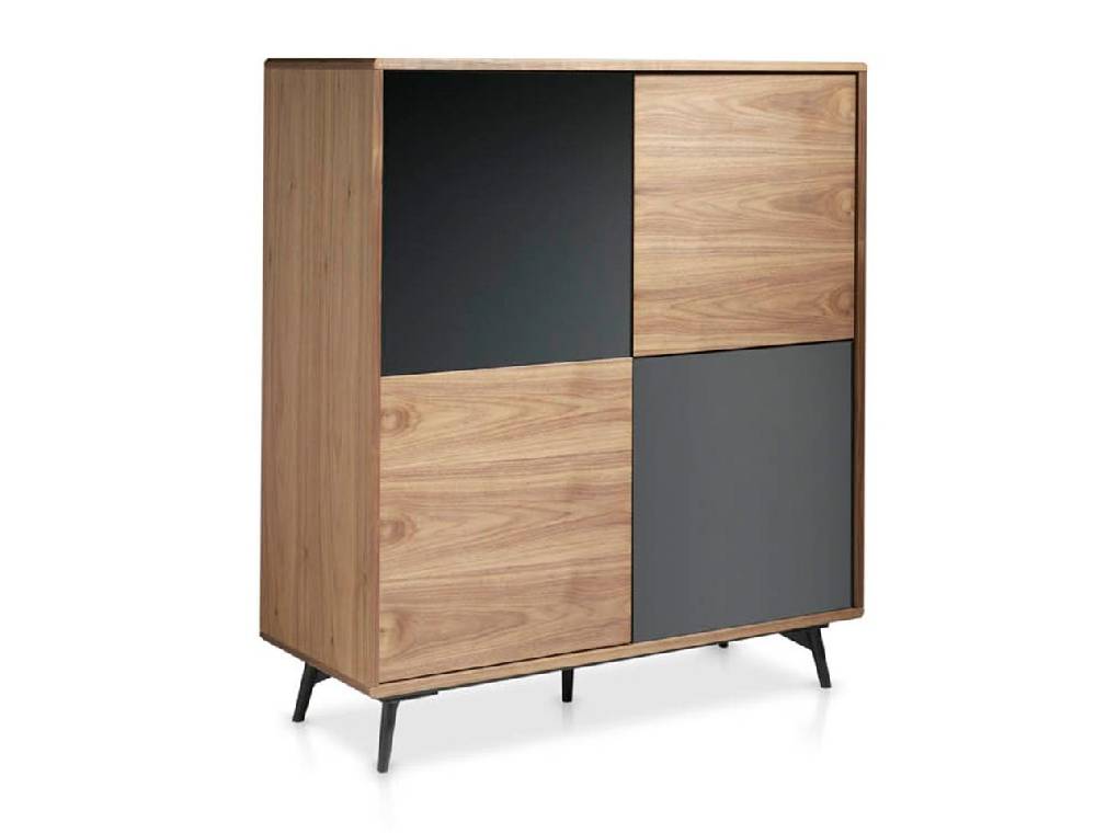 Showcase in walnut veneered wood with grey mirror glass and walnut front doors. Showcase in walnut veneered wood with grey mirror glass and walnut front doors.