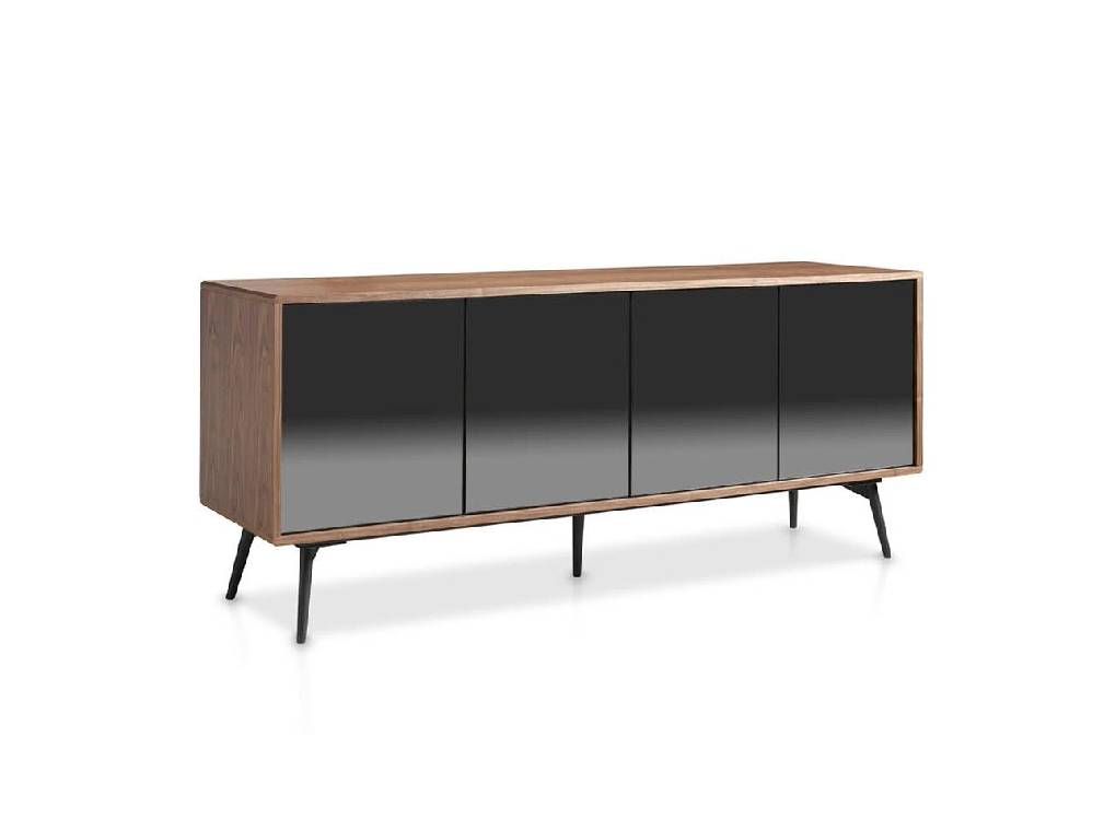 Sideboard in walnut veneered wood with grey mirror glass front doors. Sideboard in walnut veneered wood with grey mirror glass front doors.