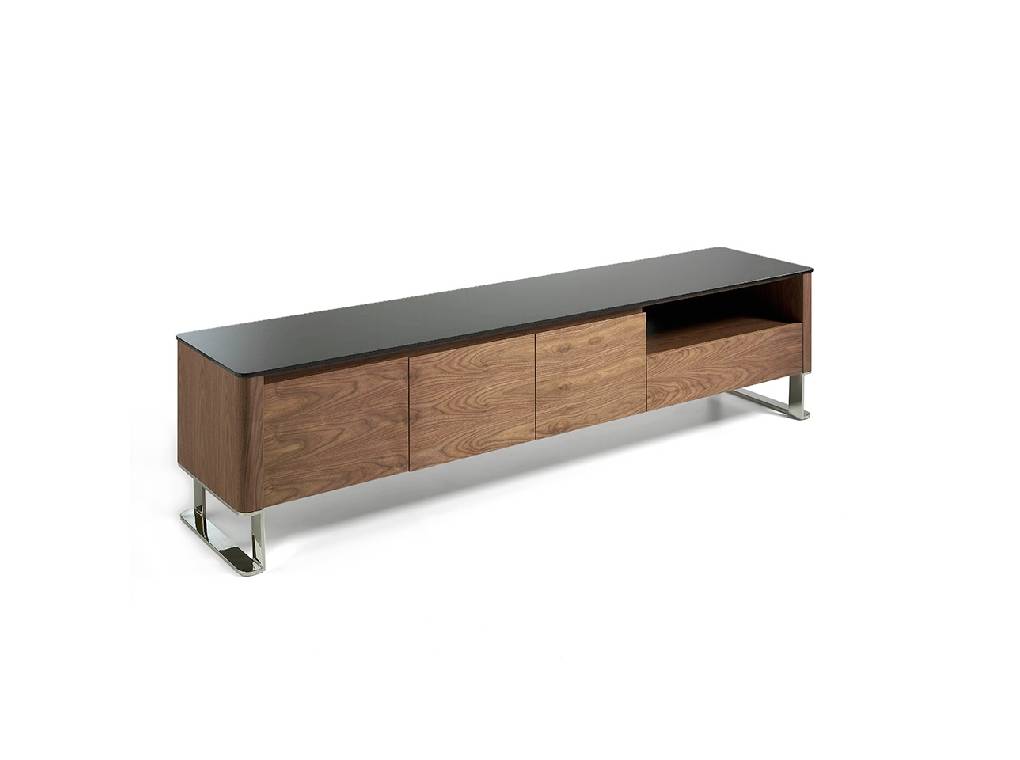Walnut-veneered wooden TV furniture with a Black tempered glass cover. Walnut-veneered wooden TV furniture with a Black tempered glass cover.