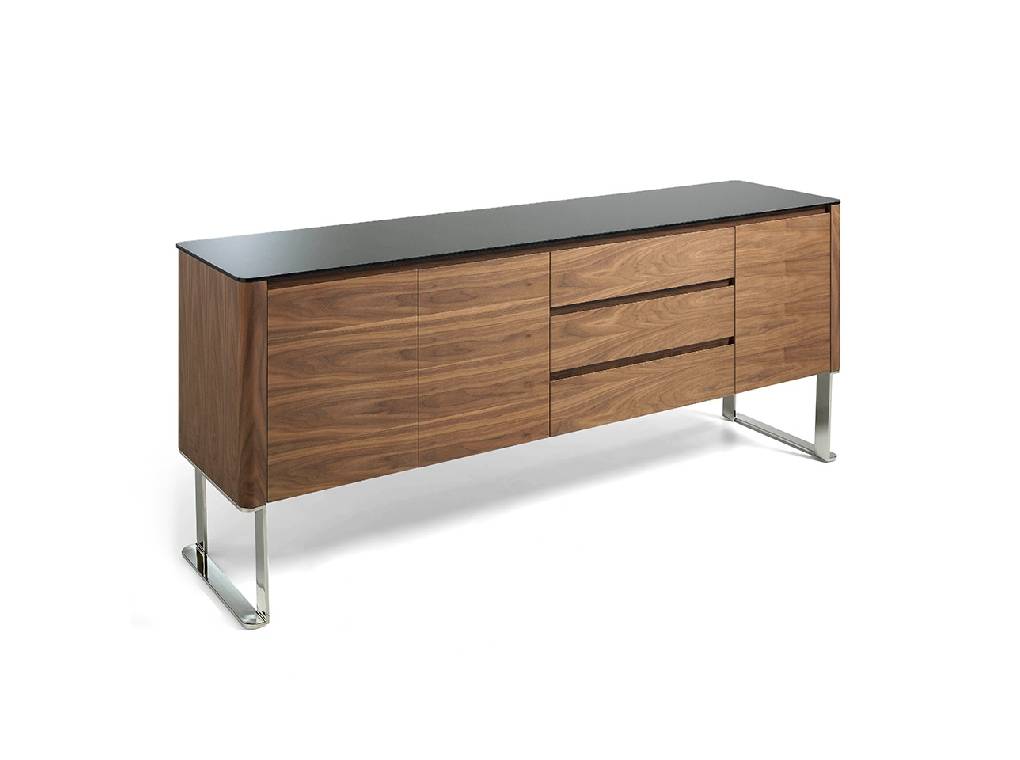 Wooden sideboard with Walnut veneer with black tempered glass cover Wooden sideboard with Walnut veneer with black tempered glass cover