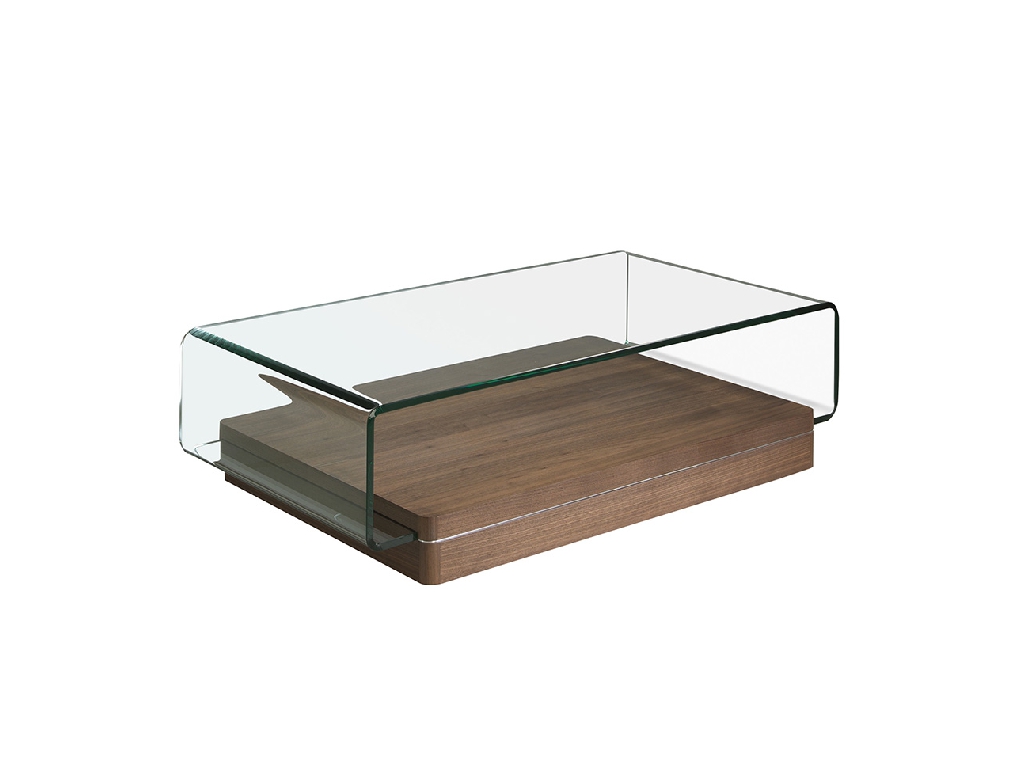 Table basse courbée en verre trempé et bois de noyer
