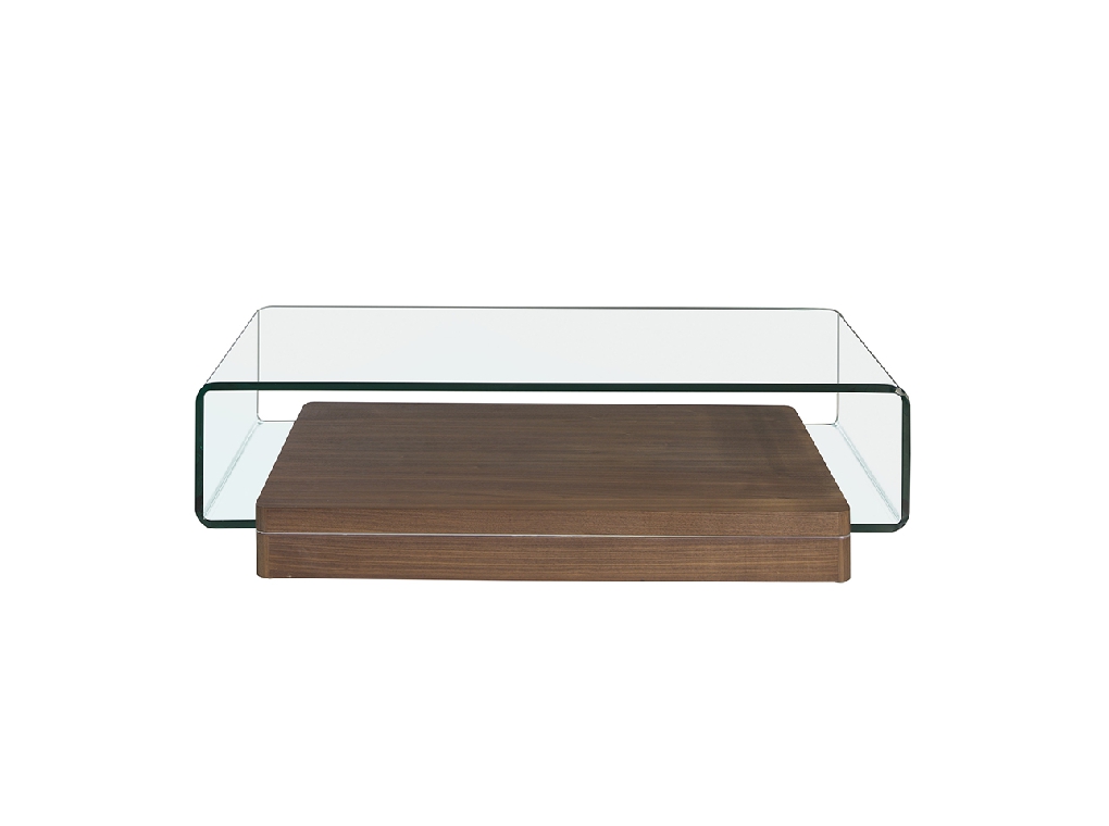 Mesa centro de cristal templado curvado y madera Nogal