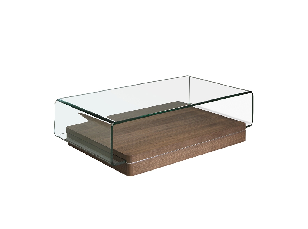 Curved tempered glass and walnut wood coffee table