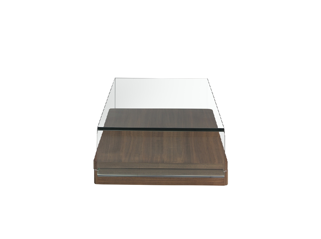 Curved tempered glass and walnut wood coffee table