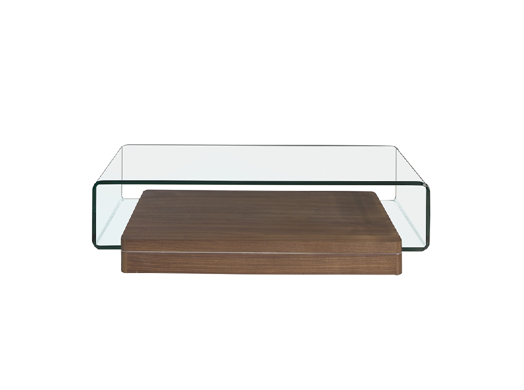 Curved tempered glass and walnut wood coffee table