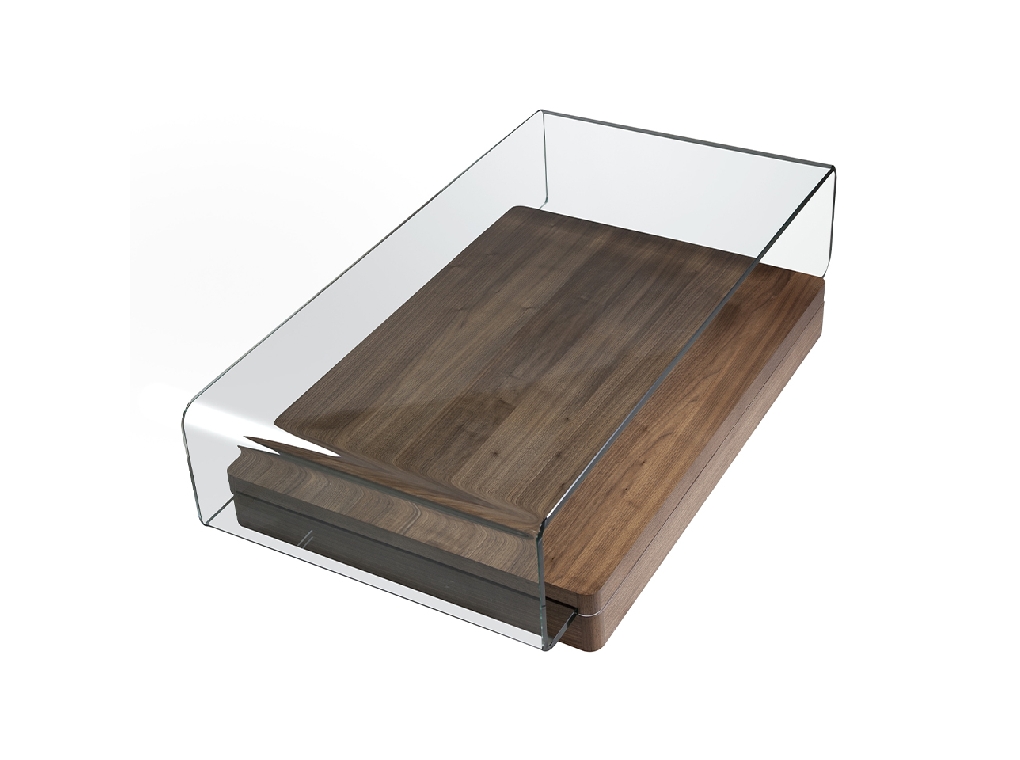 Curved tempered glass and walnut wood coffee table