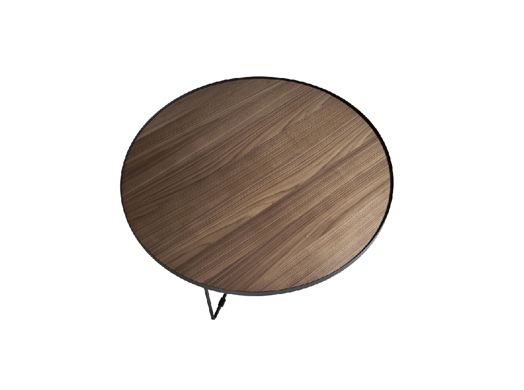 Table basse ronde en bois de noyer et acier noir