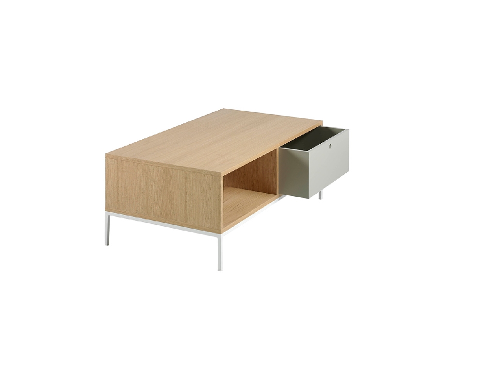 Mesa centro rectangular roble y acero blanco