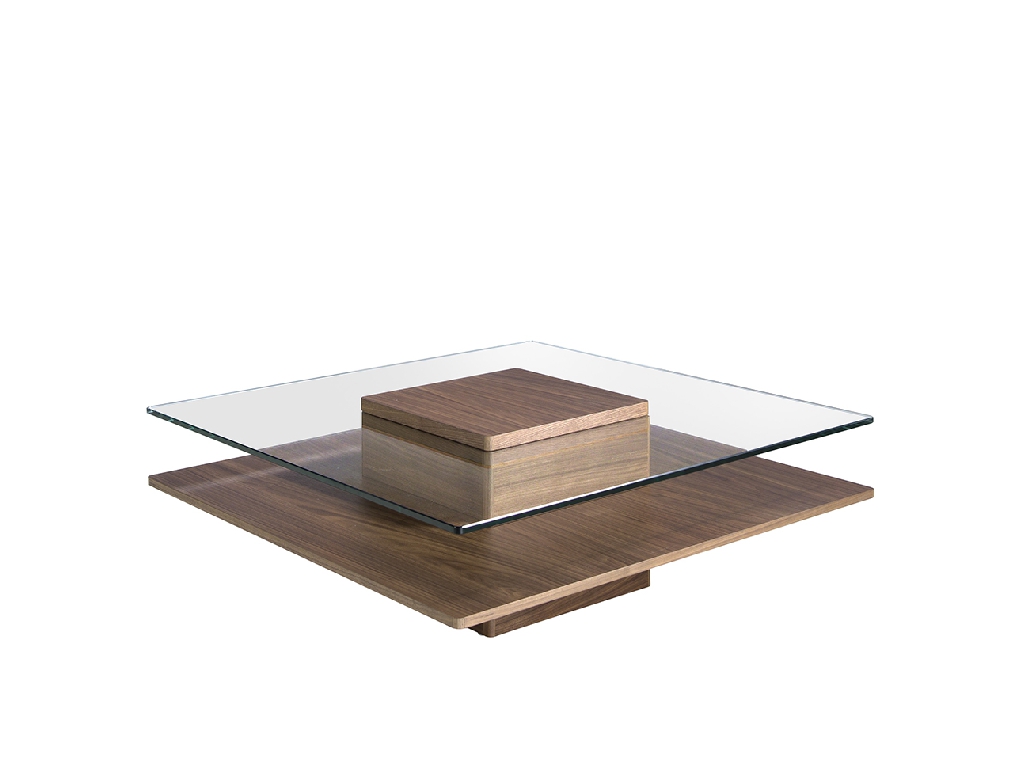Table basse carrée en verre trempé et bois de noyer