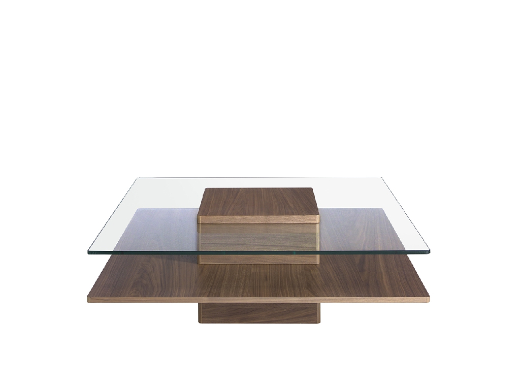 Квадратный журнальный столик из закаленного стекла и дерева орехового цвета