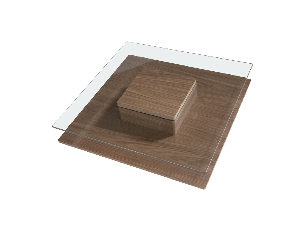 Table basse carrée en verre trempé et bois de noyer