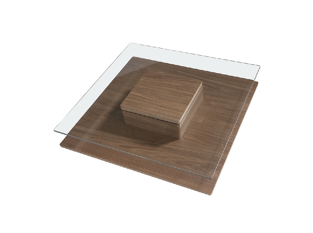 Square coffee table in tempered glass and Walnut wood