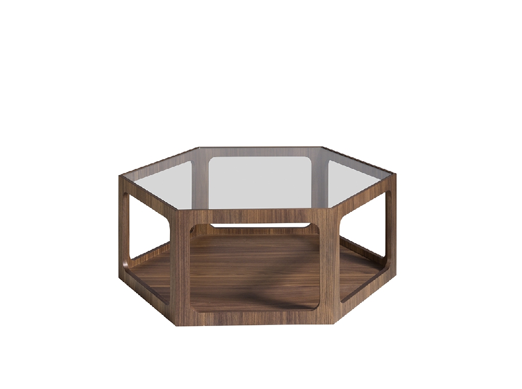 Mesa centro hexagonal de madera Nogal y cristal templado