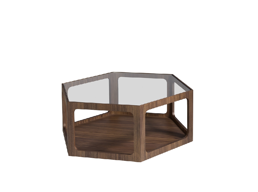 Table basse hexagonale en bois de noyer et verre trempé