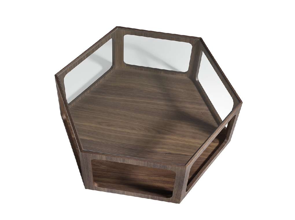 Mesa centro hexagonal de madera Nogal y cristal templado