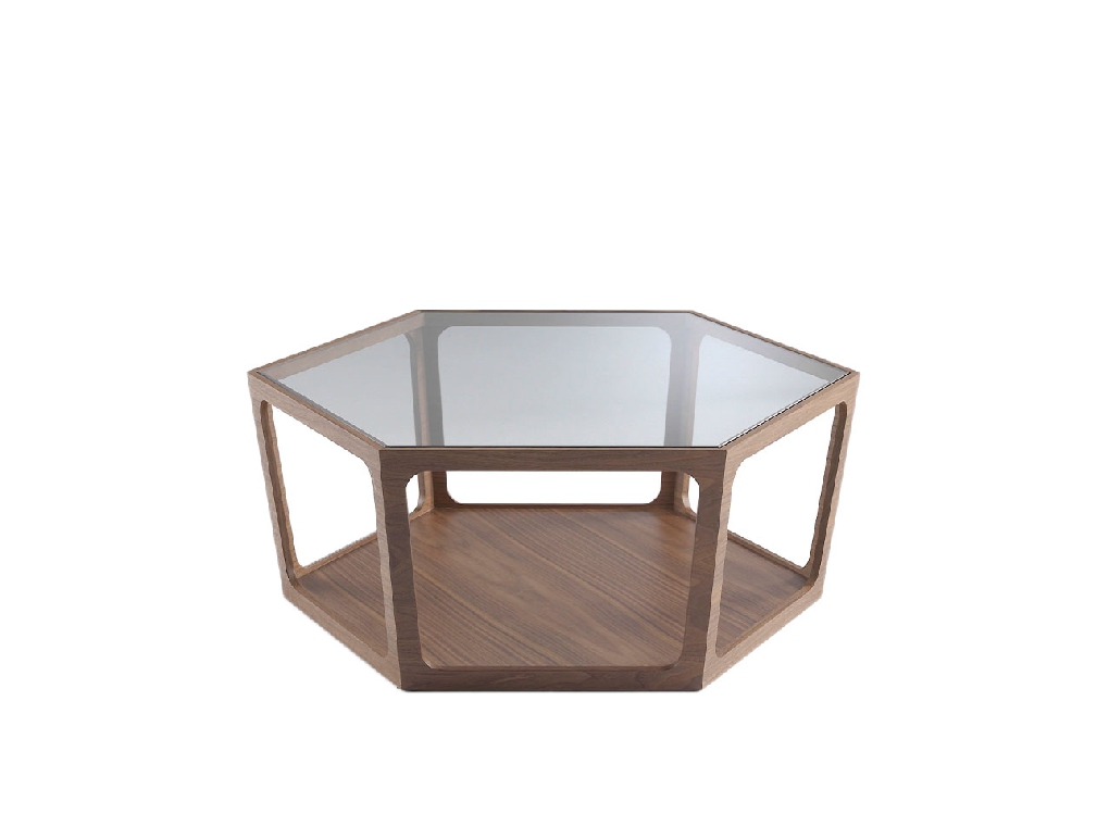 Mesa centro hexagonal de madera Nogal y cristal templado
