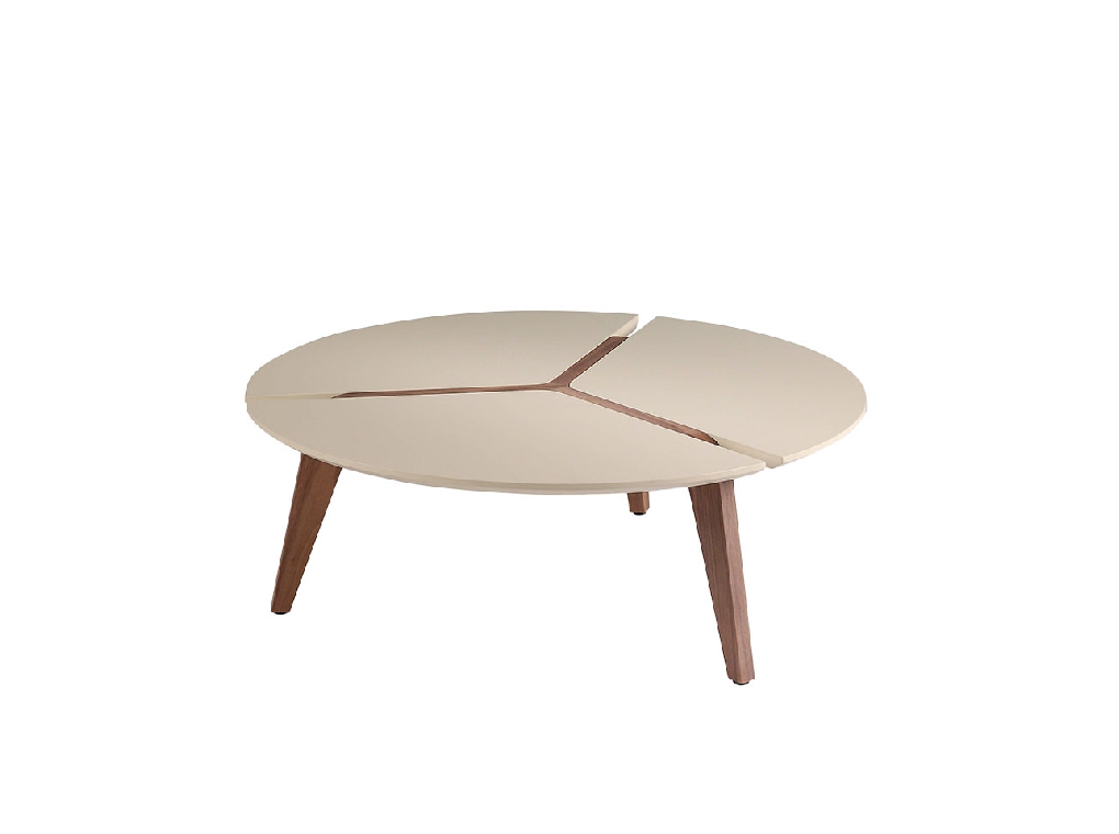 Round center table in cream wood and walnut wood