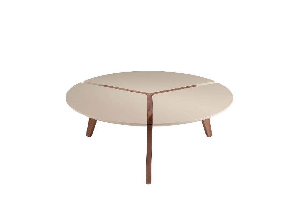 Round center table in cream wood and walnut wood
