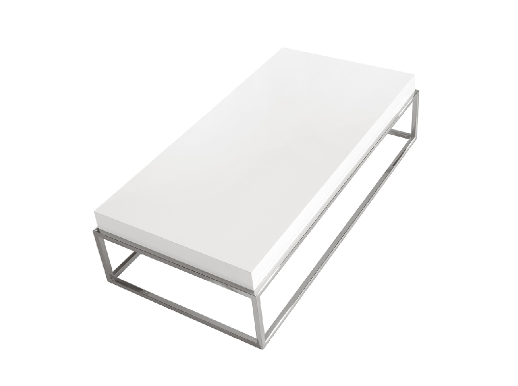 Журнальный столик из дерева белого цвета и хромированной стали