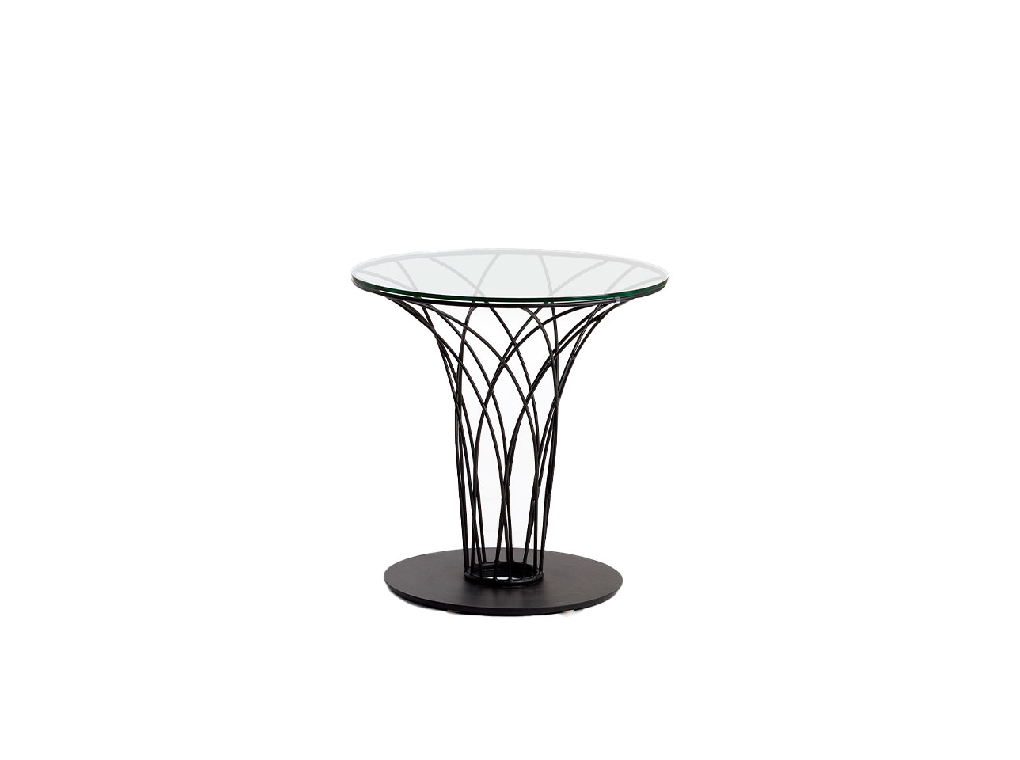 Round tempered glass and black steel corner table