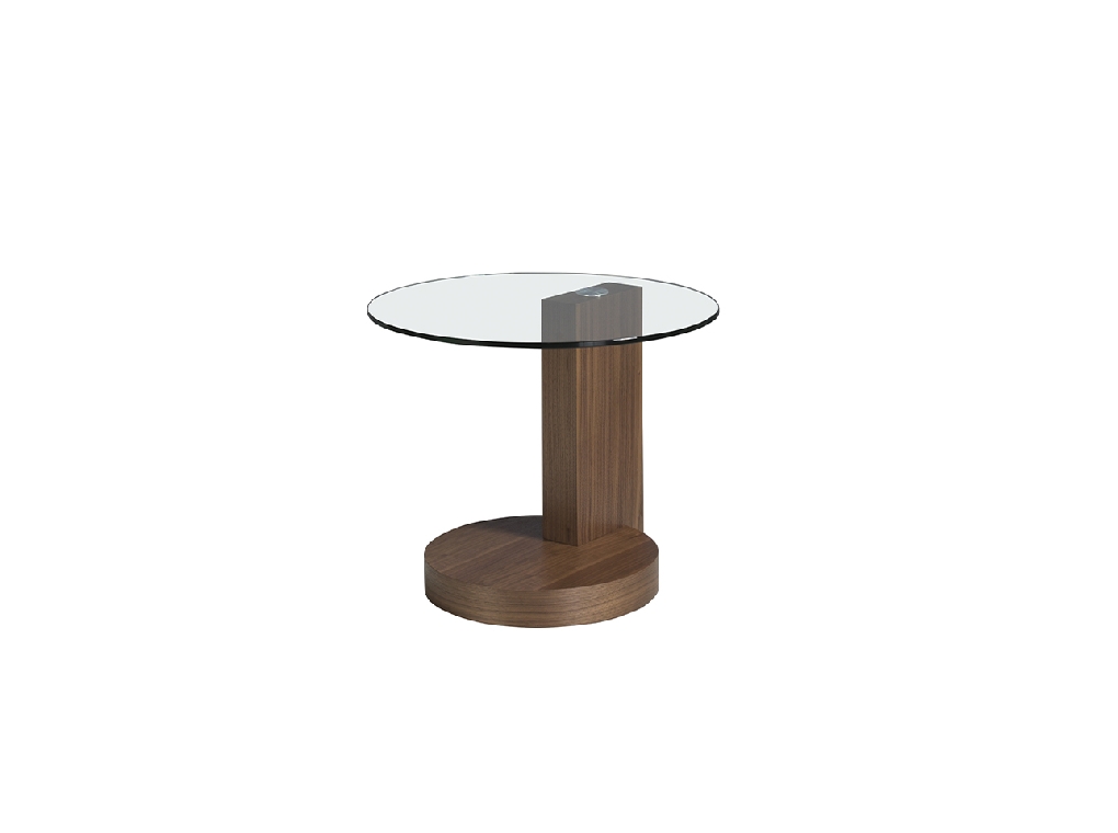 Corner table in walnut veneered wood and tempered glass top.