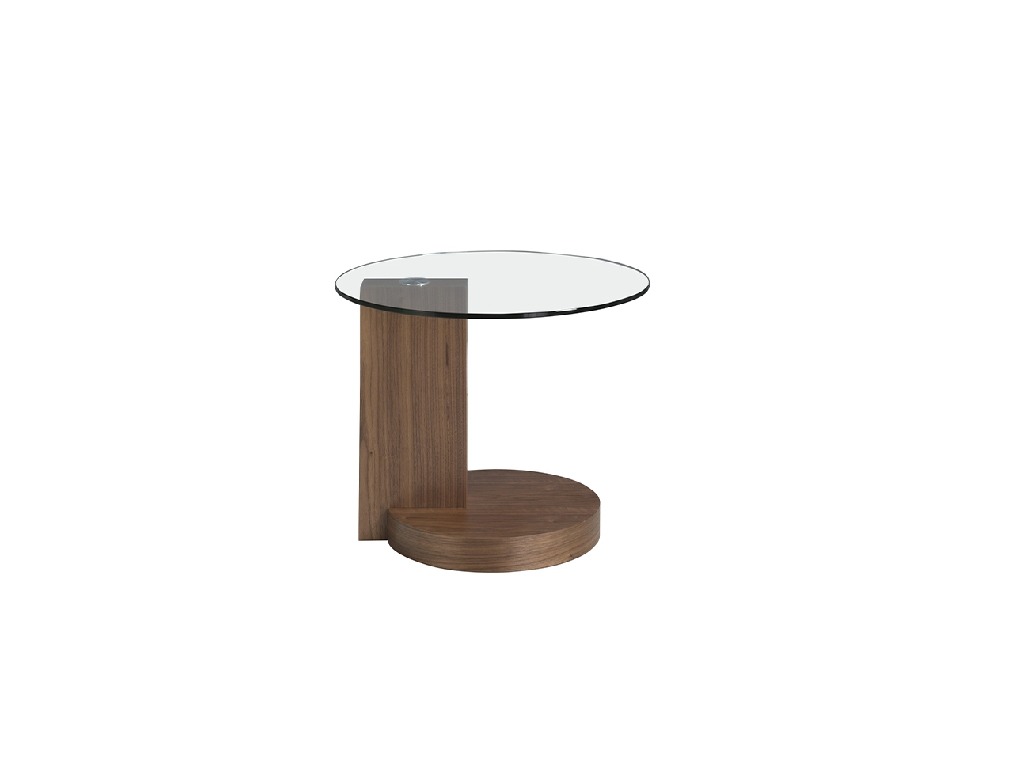 Corner table in walnut veneered wood and tempered glass top.