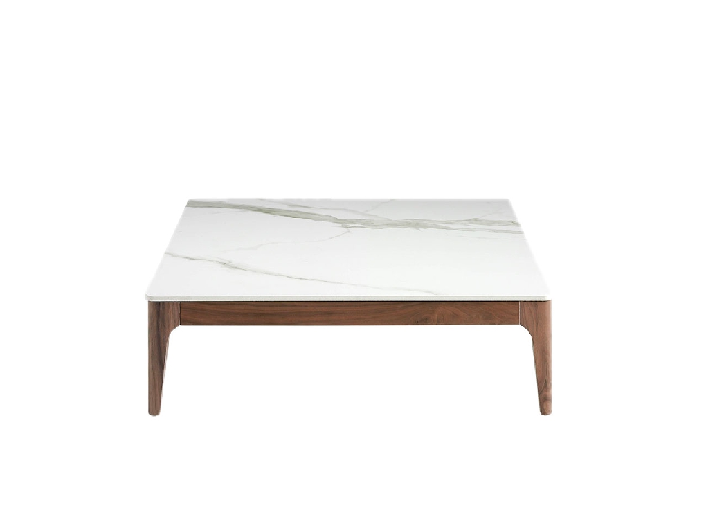 Table basse carrée en verre imitation marbre et bois de noyer
