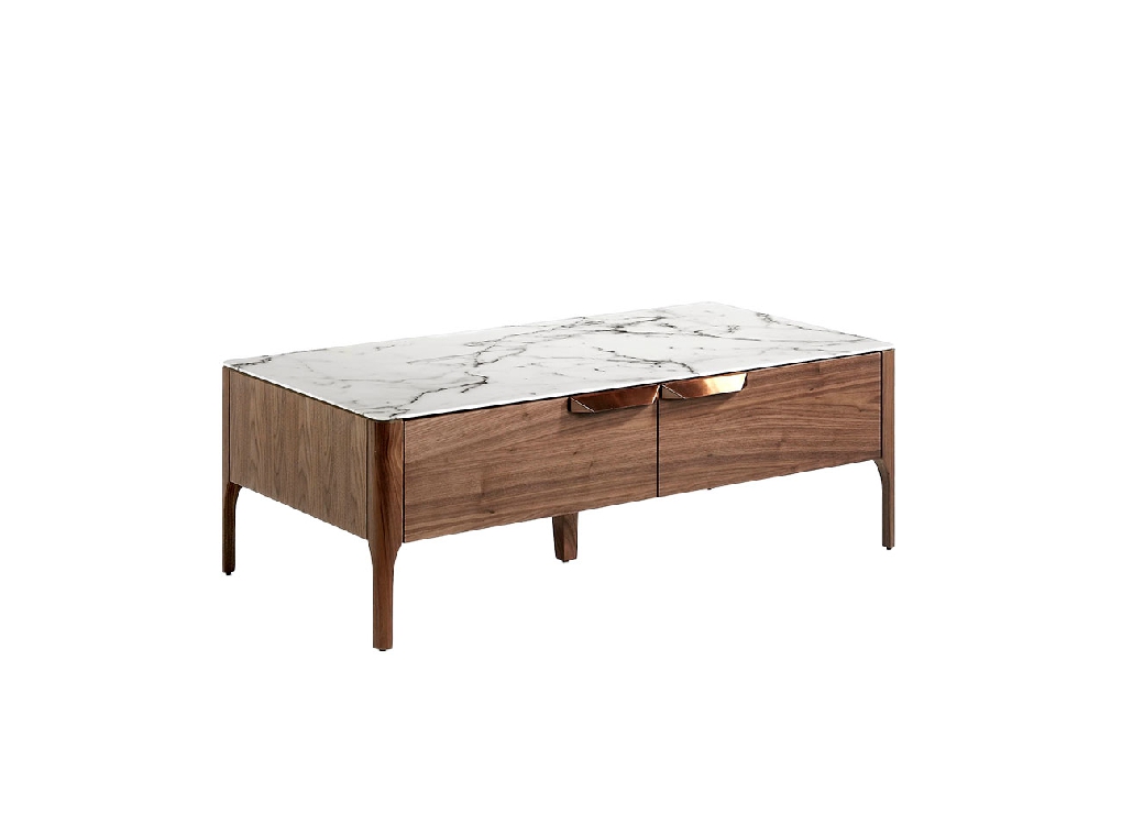 Walnut wood and marble effect fiberglass coffee table with drawers