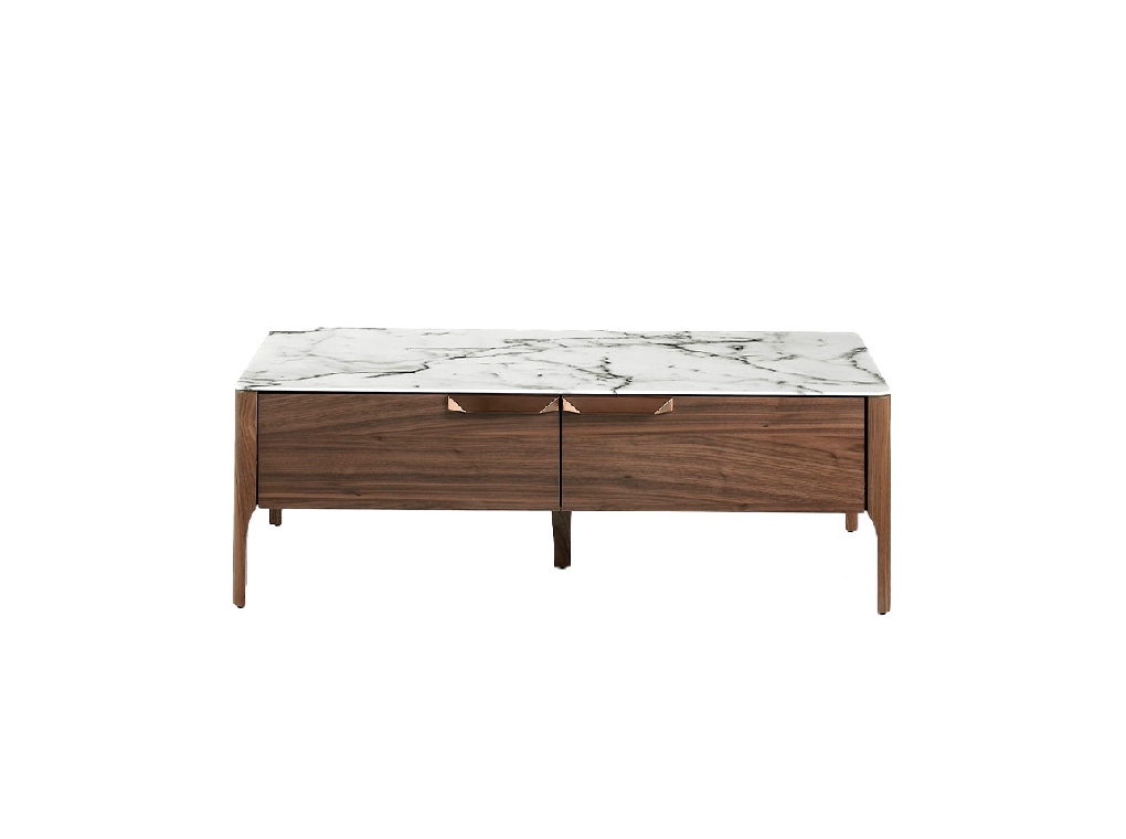 Walnut wood and marble effect fiberglass coffee table with drawers