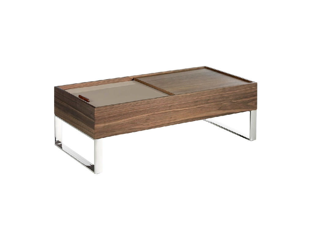 Walnut wood coffee table with hatch and chromed steel