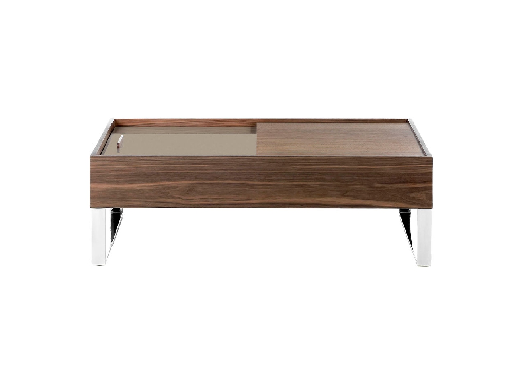 Walnut wood coffee table with hatch and chromed steel