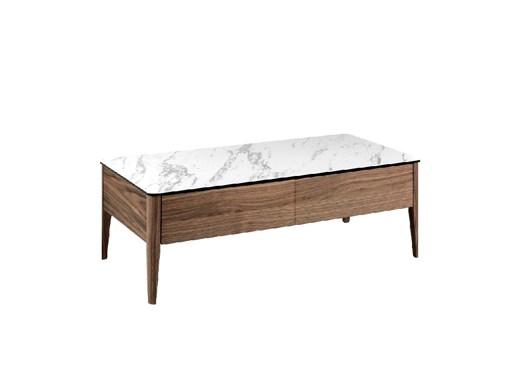 Porcelain and Walnut wood coffee table with drawers