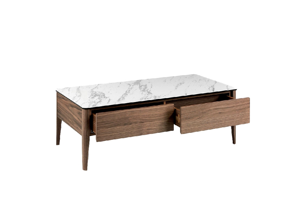 Porcelain and Walnut wood coffee table with drawers