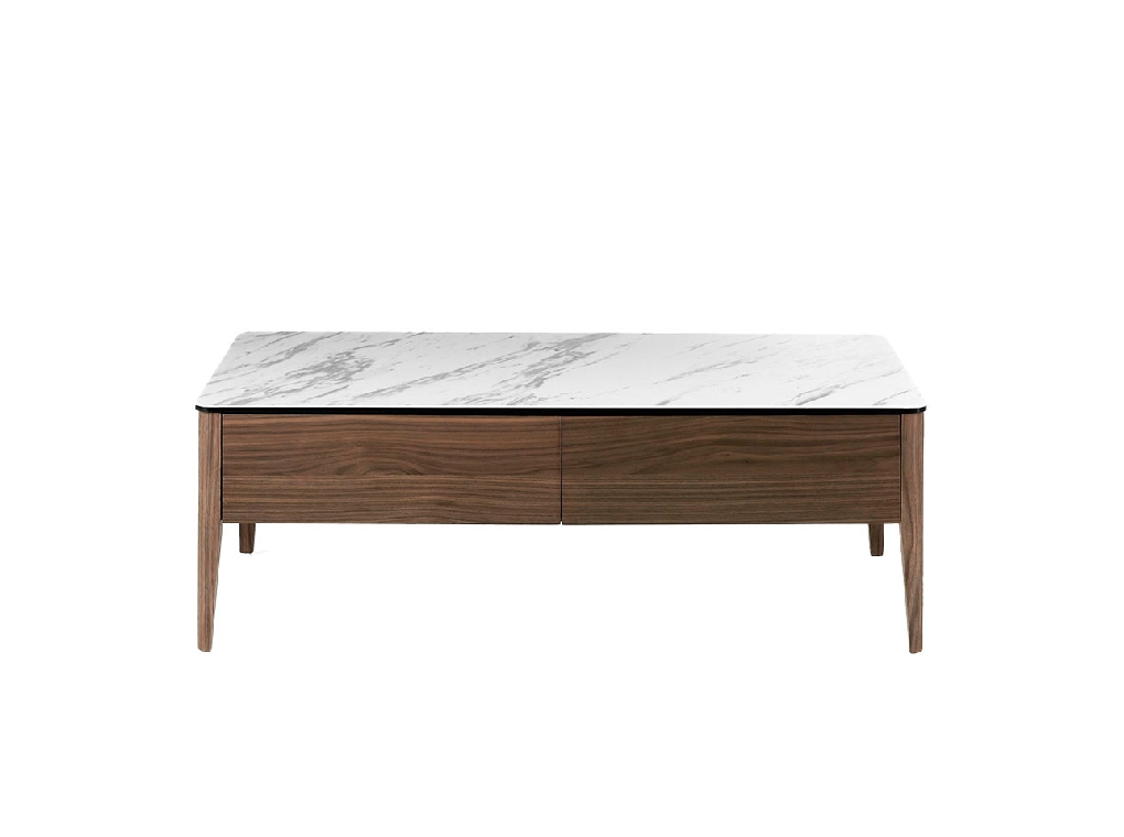 Porcelain and Walnut wood coffee table with drawers