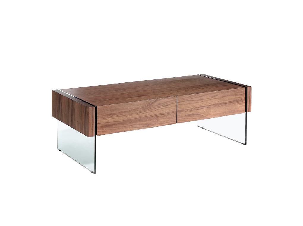 Walnut wood coffee table and tempered glass