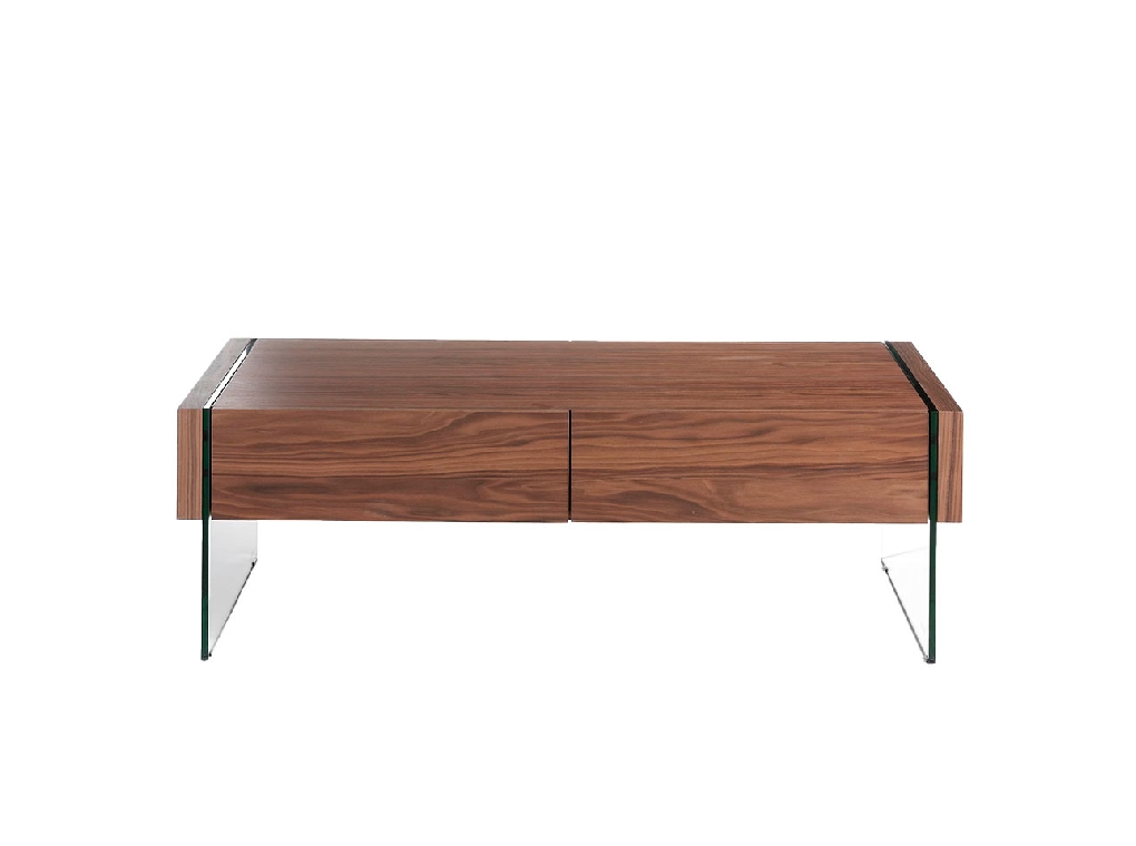 Walnut wood coffee table and tempered glass