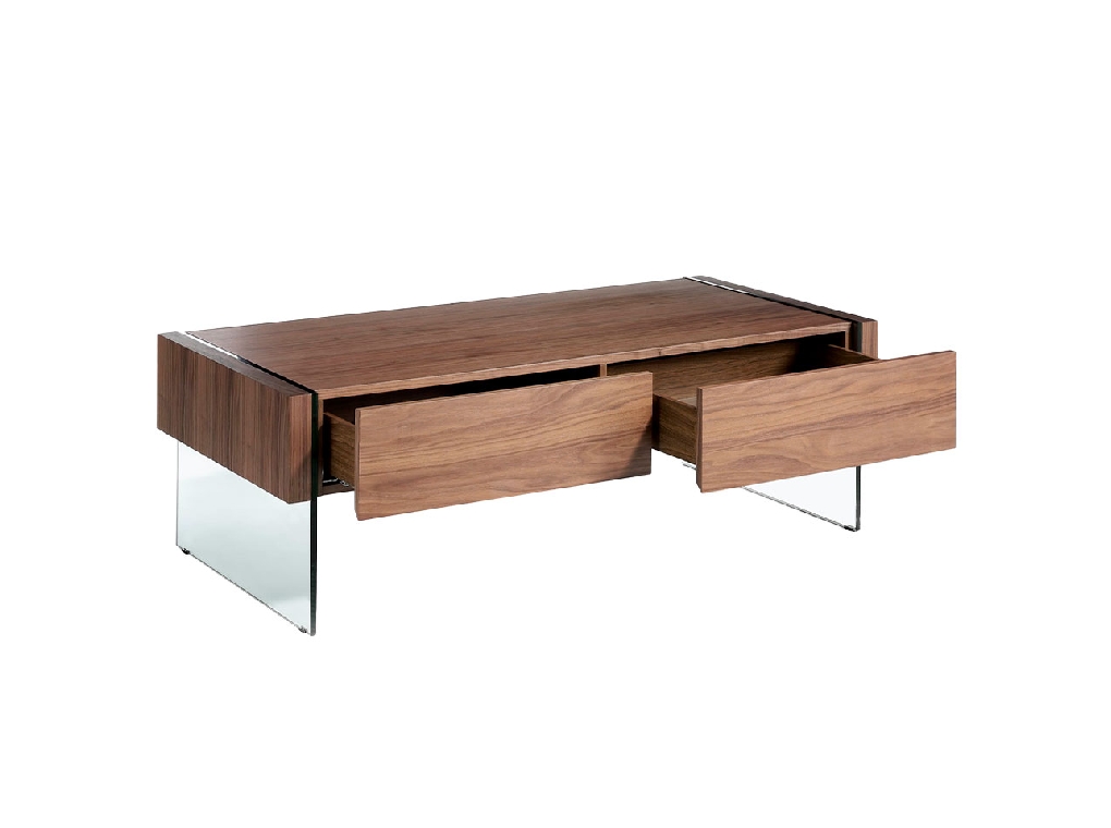 Walnut wood coffee table and tempered glass