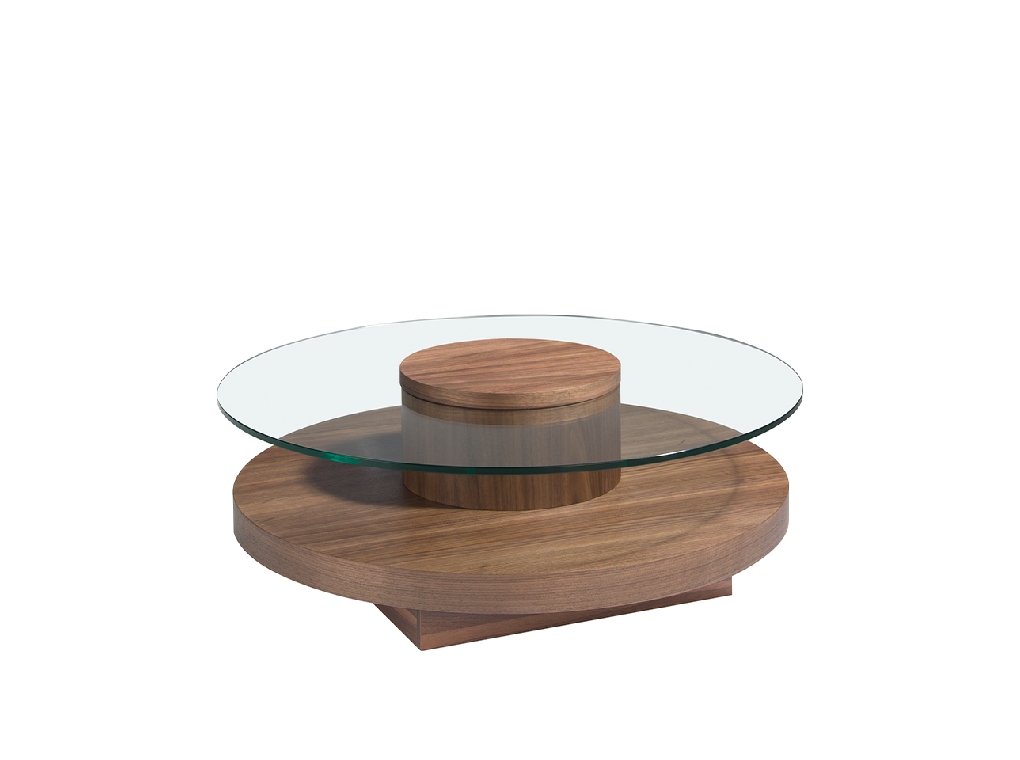 Round center table in tempered glass and Walnut wood