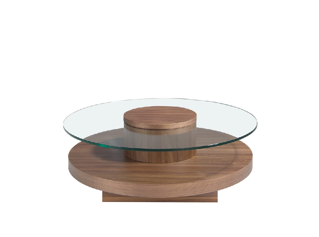 Table basse ronde en verre trempé et bois de noyer