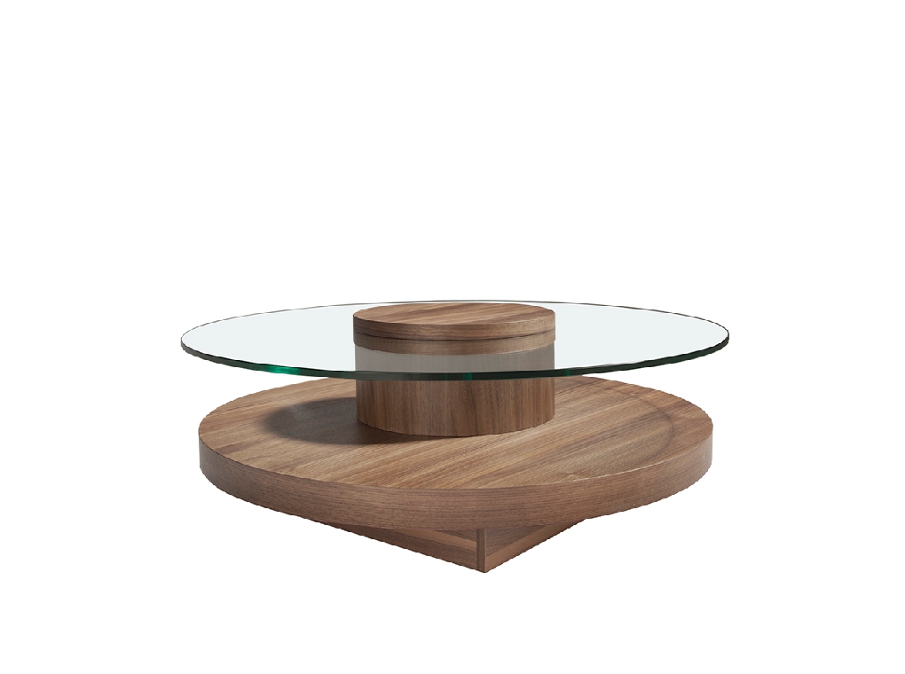 Round center table in tempered glass and Walnut wood