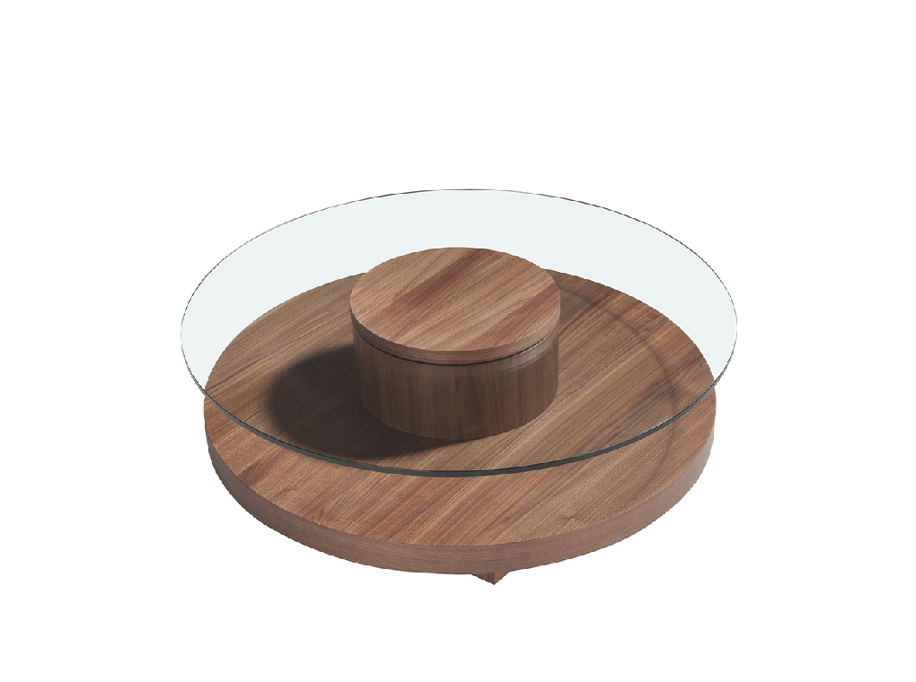 Round center table in tempered glass and Walnut wood